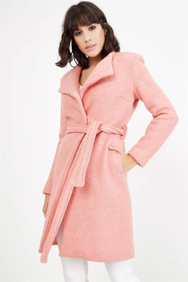 Kadın Pudra Kuşaklı Keçe Kaban