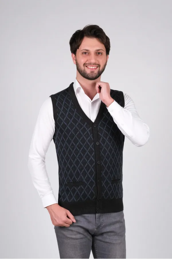 Çizgi Triko Erkek Düğmeli Triko Yelek Çift Cepli Baklava Desenli Kışlık Bel Lastikli Dokuma - Koyu Gri Çizgi Triko Erkek Düğmeli Triko Yelek Çift Cepli Baklava Desenli Kışlık Bel Lastikli Dokuma - Koyu Gri