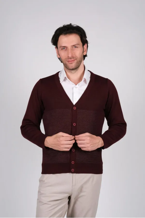 Çizgi Triko Erkek V Yaka Triko Hırka Cep Detaylı Desenli Dokuma - Bordo