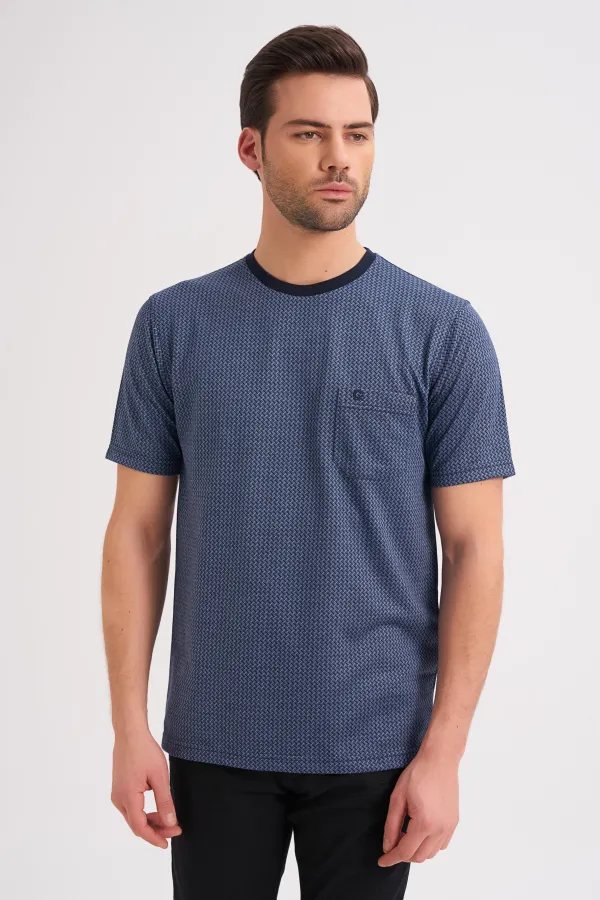 Çizgi Triko Erkek Sıfır Yaka Tişört Desenli Kolu Lastikli Cep Detaylı - İndigo