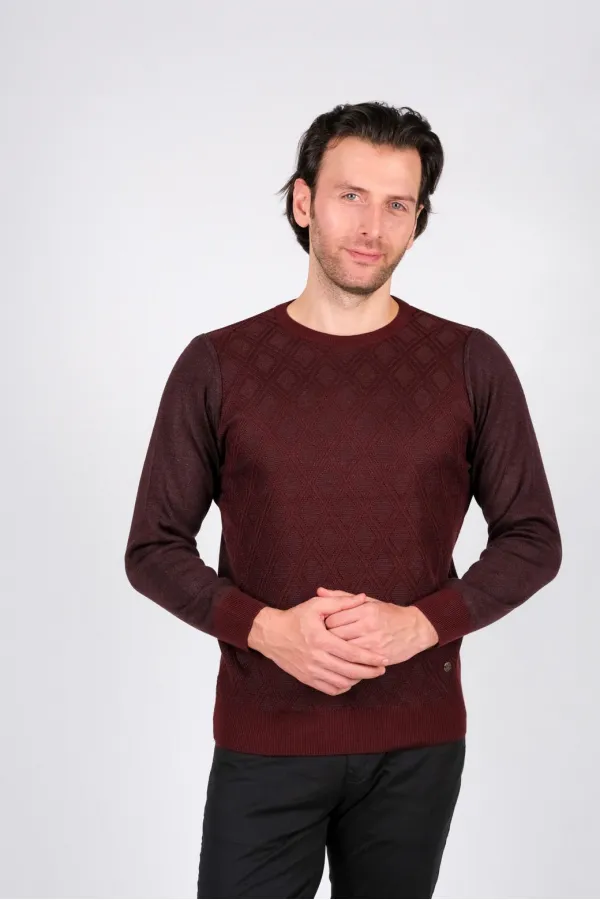 Çizgi Triko Erkek Sıfır Yaka Triko Kazak Baklava Desenli Bel ve Kol Lastikli Kışlık Dokuma - Bordo Çizgi Triko Erkek Sıfır Yaka Triko Kazak Baklava Desenli Bel ve Kol Lastikli Kışlık Dokuma - Bordo