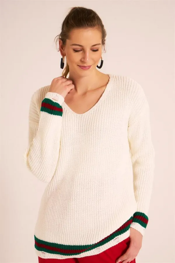 Kadın Beyaz Düşük Kollu Kadın Triko Kazak Kadın Beyaz Düşük Kollu Kadın Triko Kazak