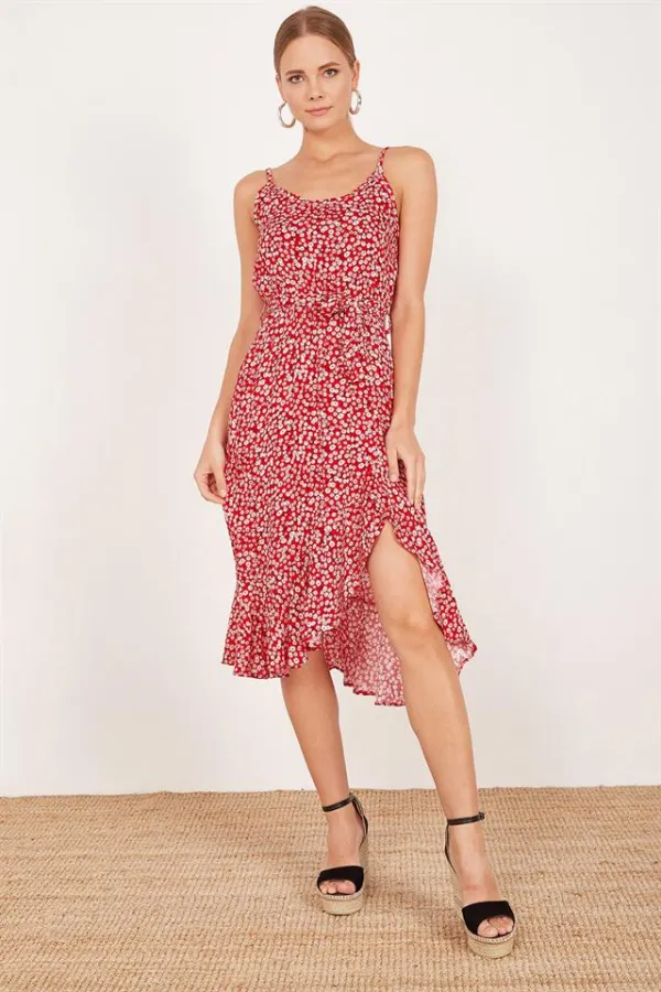 Kadın Kırmızı Fırfırlı Desenli Midi Boy Elbise Kadın Kırmızı Fırfırlı Desenli Midi Boy Elbise