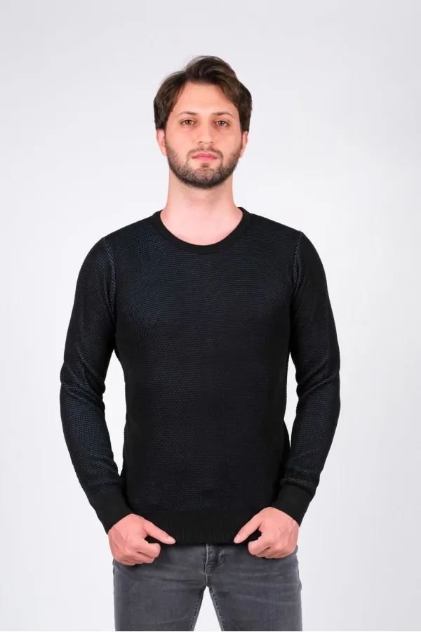 Çizgi Triko Erkek Sıfır Yaka Triko Kazak Desenli Bel ve Kol Lastikli Kışlık Dokuma - Siyah Çizgi Triko Erkek Sıfır Yaka Triko Kazak Desenli Bel ve Kol Lastikli Kışlık Dokuma - Siyah