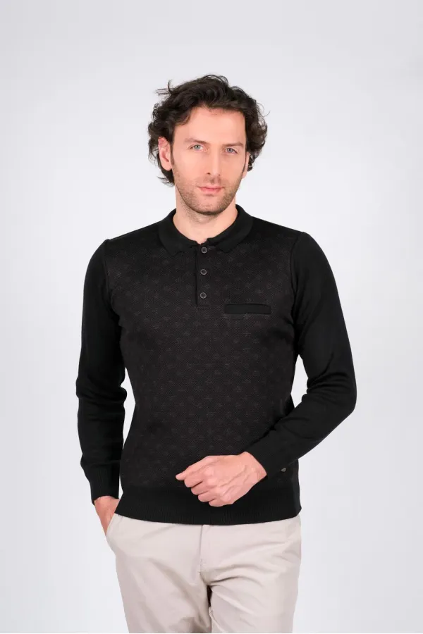 Çizgi Triko Erkek Polo Yaka Triko Kazak Düğmeli Desenli Cep Detaylı Bel ve Kol Lastikli Dokuma - Siyah Çizgi Triko Erkek Polo Yaka Triko Kazak Düğmeli Desenli Cep Detaylı Bel ve Kol Lastikli Dokuma - Siyah