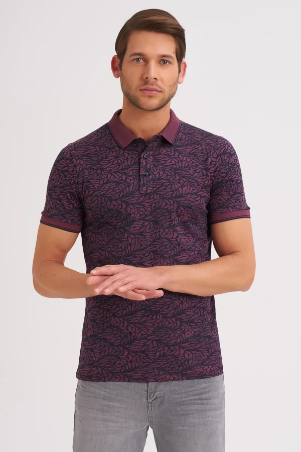Çizgi Triko Erkek Slim Fit Polo Yaka Tişört Kolu Lastikli Desenli Günlük - Bordo