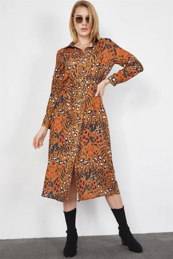 Kadın Kiremit Leopar Desenli Gömlek Elbise Kadın Kiremit Leopar Desenli Gömlek Elbise