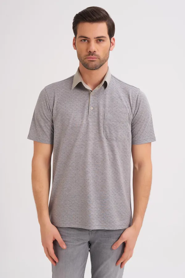 Çizgi Triko Erkek Gömlek Yaka Tişört Desenli Cepli Kolu Lastikli - Bej