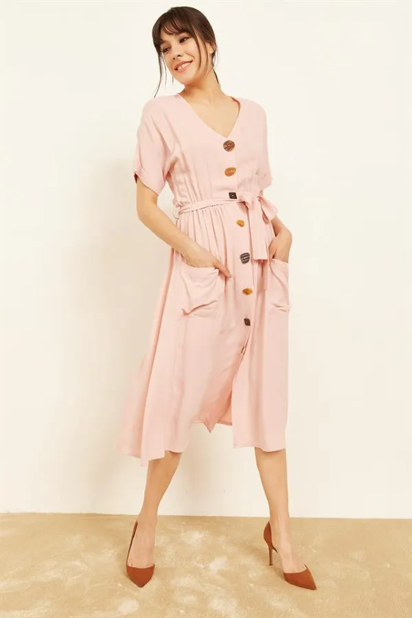 Kadın Pudra Düğme Detaylı Elbise