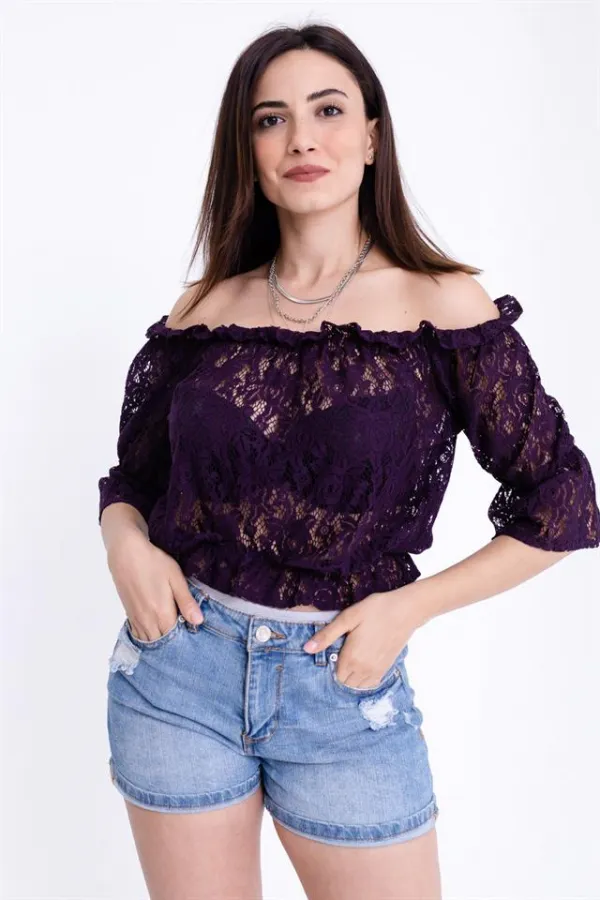 Kadın Mor Dantel Crop Bluz Kadın Mor Dantel Crop Bluz