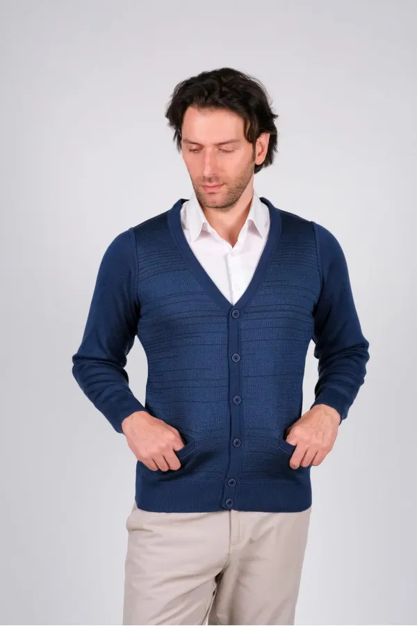 Çizgi Triko Düğmeli Erkek Triko Hirka - İndigo