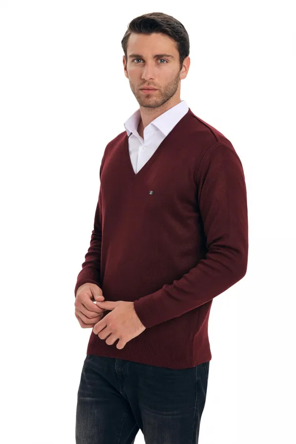 Çizgi Triko Battal Boy V Yaka Erkek Kazak Düz Renk Kol Ve Bel Lastikli Dokuma - Bordo Çizgi Triko Battal Boy V Yaka Erkek Kazak Düz Renk Kol Ve Bel Lastikli Dokuma - Bordo
