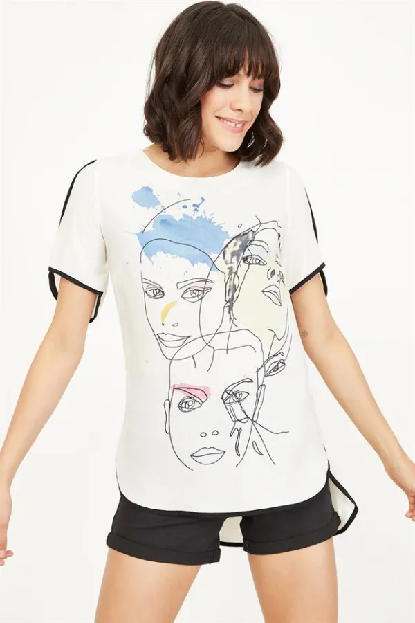 Kadın Mavi Yüz Baskılı Bluz Kadın Mavi Yüz Baskılı Bluz