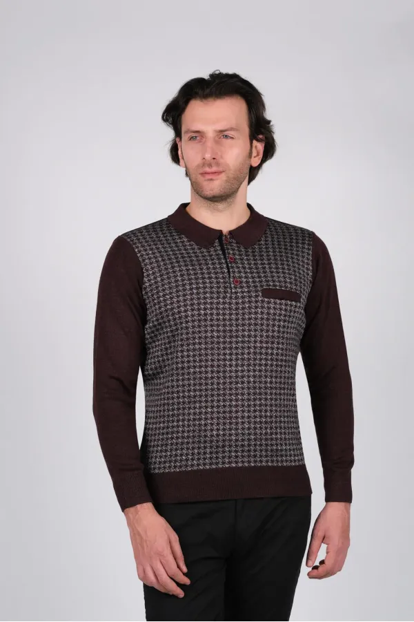 Çizgi Triko Erkek Polo Yaka Triko Kazak Cep Detaylı Desenli Kol Ve Bel Lastikli Dokuma - Bordo Çizgi Triko Erkek Polo Yaka Triko Kazak Cep Detaylı Desenli Kol Ve Bel Lastikli Dokuma - Bordo