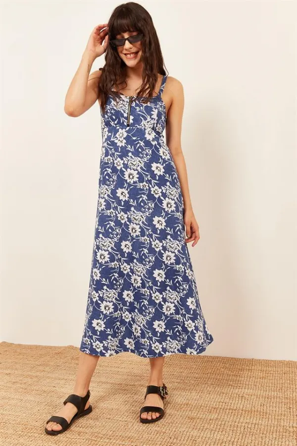 Kadın Mavi Fermuar Detaylı Desenli Örme Elbise Kadın Mavi Fermuar Detaylı Desenli Örme Elbise