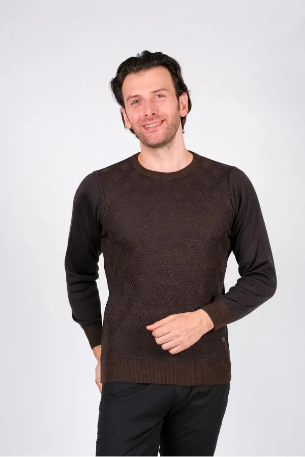 Çizgi Triko Erkek Sıfır Yaka Triko Kazak Baklava Desenli Bel ve Kol Lastikli Kışlık Dokuma - Kahverengi Çizgi Triko Erkek Sıfır Yaka Triko Kazak Baklava Desenli Bel ve Kol Lastikli Kışlık Dokuma - Kahverengi