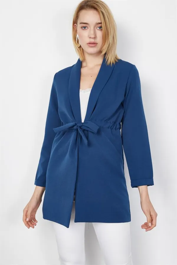 Kadın İndigo Beli Bağcıklı Ceket Kadın İndigo Beli Bağcıklı Ceket