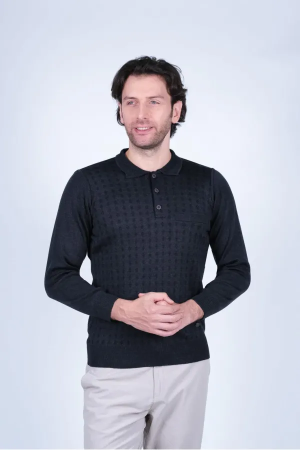 Çizgi Triko Erkek Polo Yaka Triko Kazak Cep Detaylı Desenli Kol Ve Bel Lastikli Dokuma - Lacivert Çizgi Triko Erkek Polo Yaka Triko Kazak Cep Detaylı Desenli Kol Ve Bel Lastikli Dokuma - Lacivert