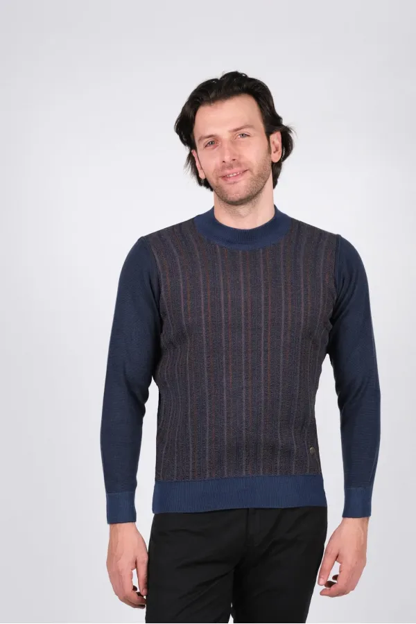 Çizgi Triko Erkek Yarım Balıkçı Triko Kazak Kol ve Bel Lastikli Çizgili Kışlık Dokuma - İndigo Çizgi Triko Erkek Yarım Balıkçı Triko Kazak Kol ve Bel Lastikli Çizgili Kışlık Dokuma - İndigo