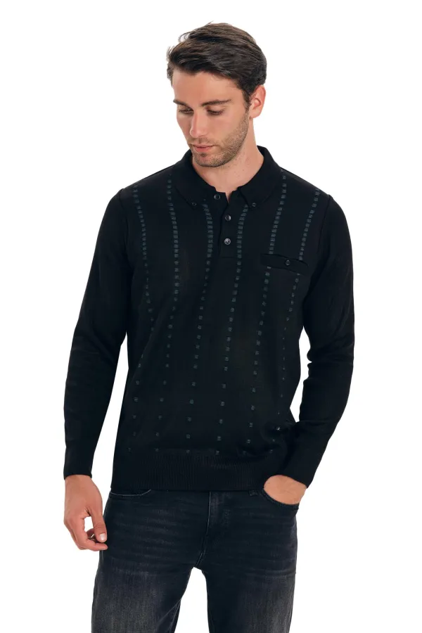 Çizgi Triko Erkek Polo Yaka Çizgili Triko Kazak Kol ve Bel Lastikli Kışlık Dokuma - Siyah Çizgi Triko Erkek Polo Yaka Çizgili Triko Kazak Kol ve Bel Lastikli Kışlık Dokuma - Siyah