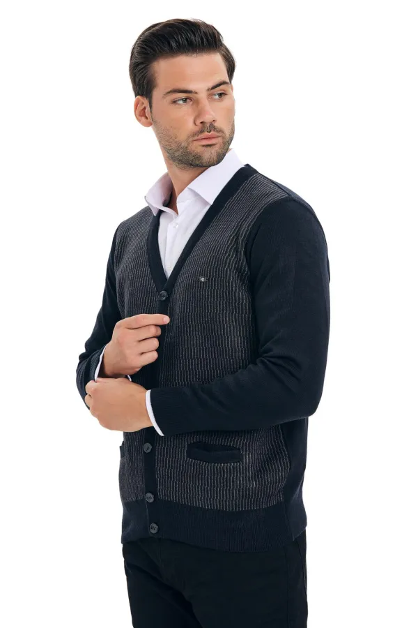 Çizgi Triko Erkek Düğmeli Triko Hırka Cep Detaylı Kol ve Bel Lastikli Kışlık Dokuma - Lacivert Çizgi Triko Erkek Düğmeli Triko Hırka Cep Detaylı Kol ve Bel Lastikli Kışlık Dokuma - Lacivert