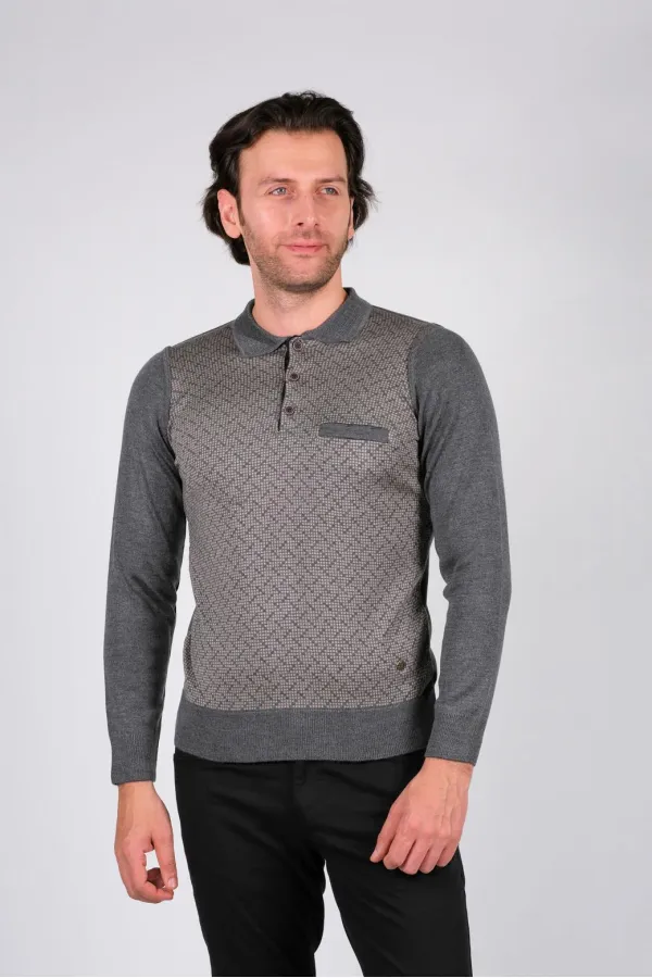 Çizgi Triko Erkek Polo Yaka Desenli Kol ve Bel Lastikli Kışlık Dokuma Triko Kazak - Gri Çizgi Triko Erkek Polo Yaka Desenli Kol ve Bel Lastikli Kışlık Dokuma Triko Kazak - Gri
