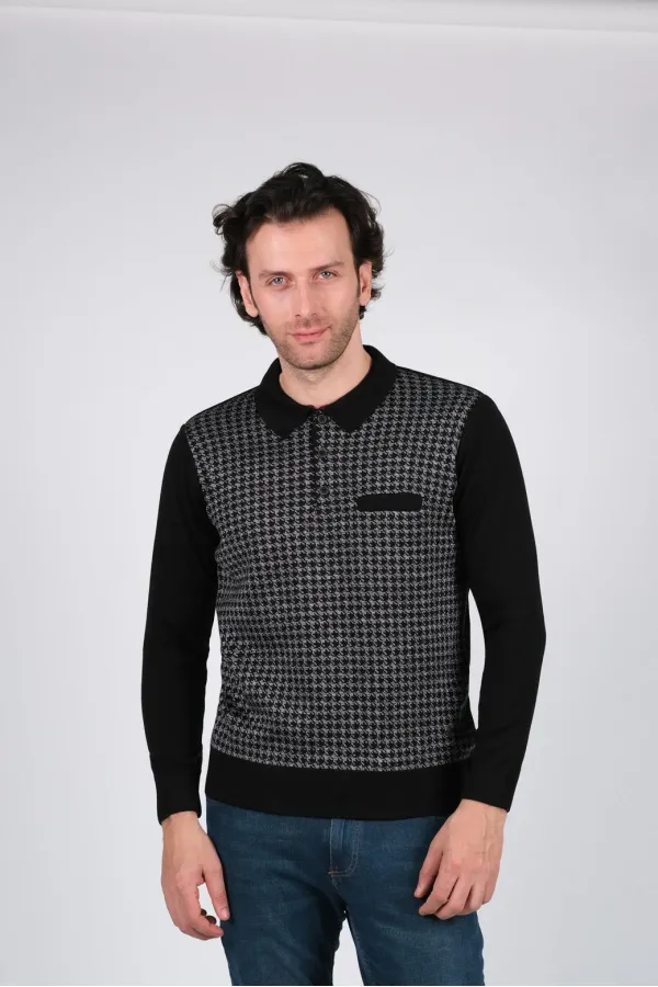 Çizgi Triko Erkek Polo Yaka Triko Kazak Cep Detaylı Desenli Kol Ve Bel Lastikli Dokuma - Siyah Çizgi Triko Erkek Polo Yaka Triko Kazak Cep Detaylı Desenli Kol Ve Bel Lastikli Dokuma - Siyah