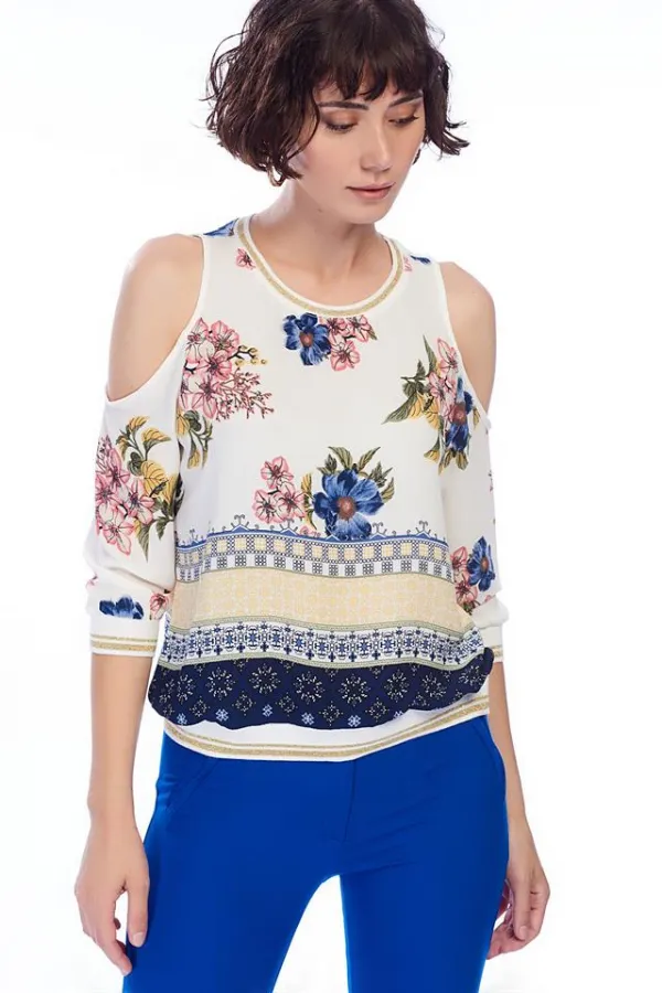 Kadın Lacivert Omuz Dekolteli Desenli Bluz Kadın Lacivert Omuz Dekolteli Desenli Bluz