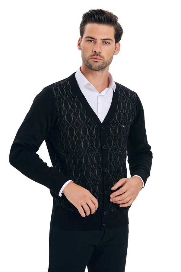Çizgi Triko Erkek V Yaka Triko Hırka Düğmeli Desenli Kol Ve Bel Lastikli Kışlık Dokuma - Siyah