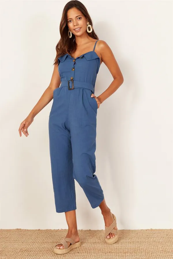 Kadın Mavi Askılı Keten Tulum Kadın Mavi Askılı Keten Tulum