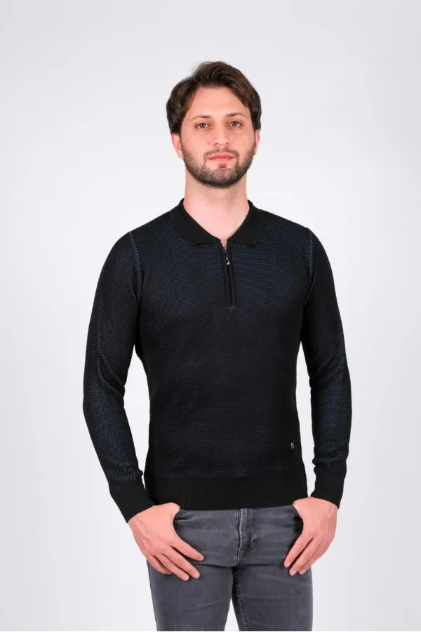 Çizgi Triko Erkek Polo Yaka Fermuarlı Triko Kazak Desenli Klasik Bel ve Kol Lastikli Dokuma - Siyah Çizgi Triko Erkek Polo Yaka Fermuarlı Triko Kazak Desenli Klasik Bel ve Kol Lastikli Dokuma - Siyah