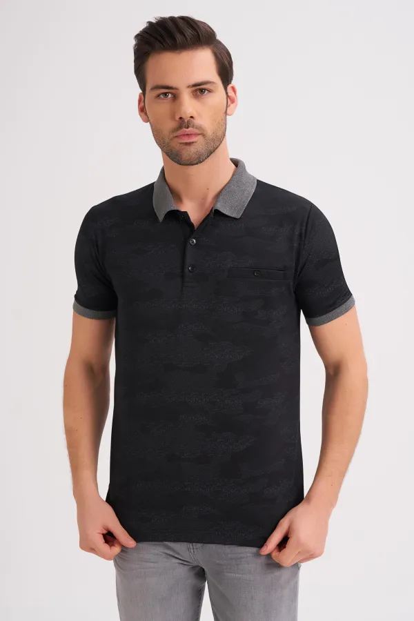 Çizgi Triko Erkek Polo Yaka Tişört Desenli Kolu Lastikli Cep Detaylı - Siyah