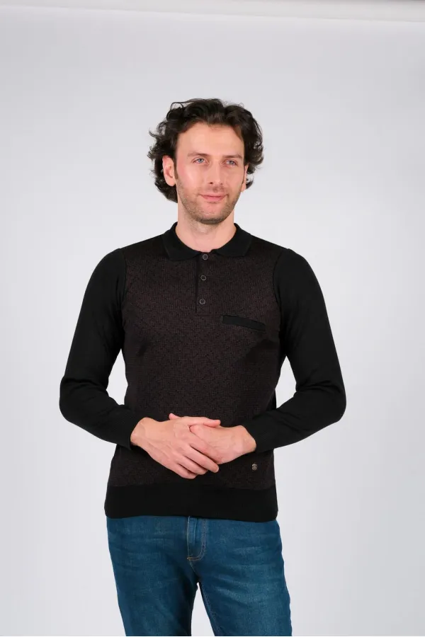 Çizgi Triko Erkek Polo Yaka Desenli Kol ve Bel Lastikli Kışlık Dokuma Triko Kazak - Siyah Çizgi Triko Erkek Polo Yaka Desenli Kol ve Bel Lastikli Kışlık Dokuma Triko Kazak - Siyah